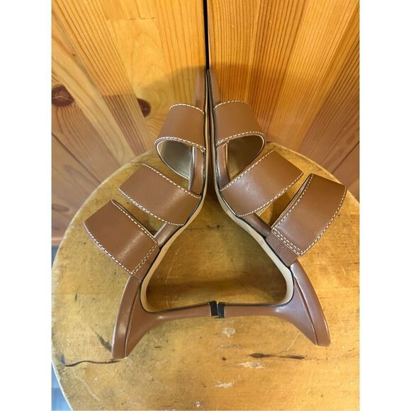 Ann Taylor 7M Brown Leather Heel Sandal Square Toe Minimalist Classic Slide - Picture 6 of 8